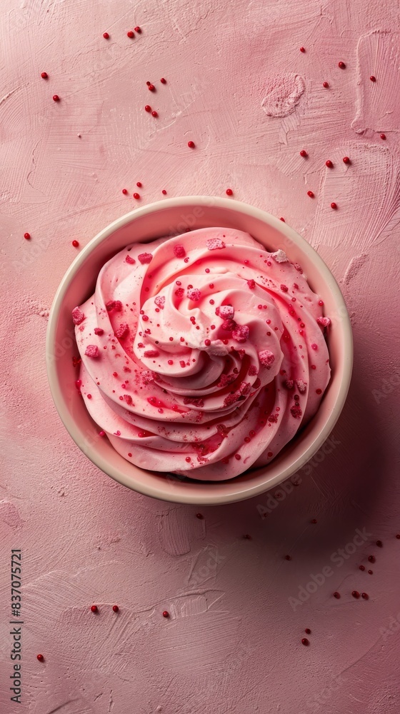 Pink whipped cream with red sprinkles in a bowl on a pink background. Pink whipped cream with red sprinkles in a bowl on a pink background.