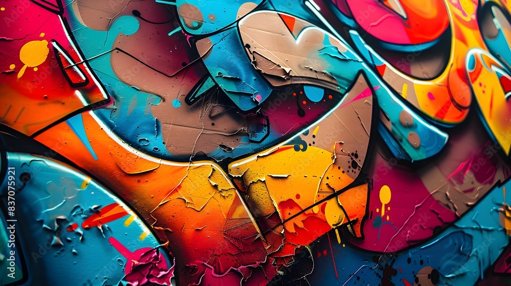 Obraz premium Vibrant Graffiti Inspired Urban Wall Art Showcasing Surreal Imagery and Bold Textures