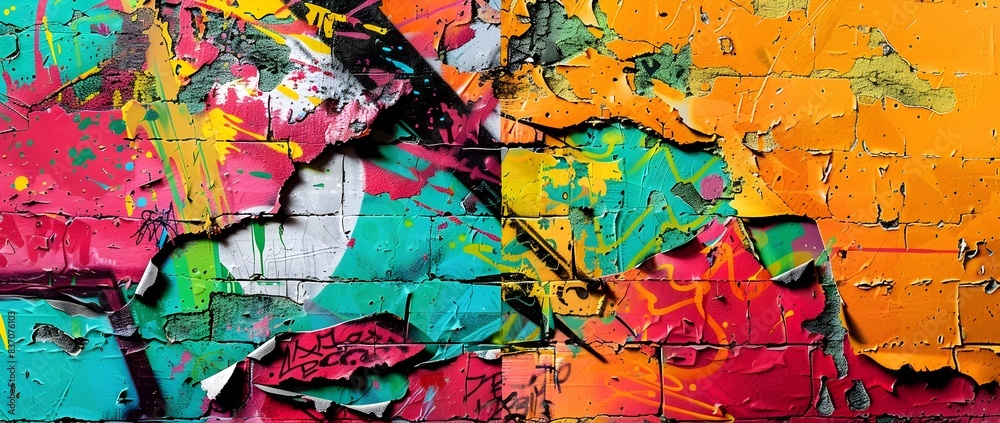 Fototapeta premium Vibrant Graffiti Wall Mural with Geometric Patterns and Neon Brush Strokes