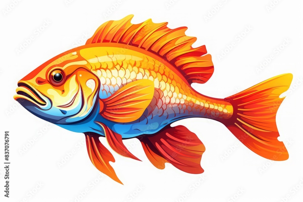 Fototapeta premium vector illustration style,Cute fish with cheerful expression, hooked on a line, vibrant scales, vivid colors captured in high detail, isolated on white background