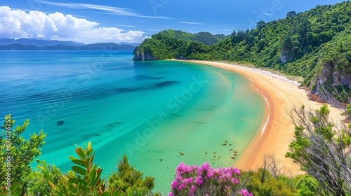 Scenic Abel Tasman National Park in New Zealand with golden beaches, lush forests, and clear blue waters photo