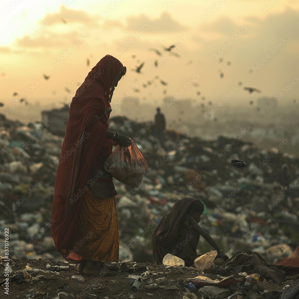 Pick Up Rag cinematic image of an Indian Ragpicker, picking up trash from a ...