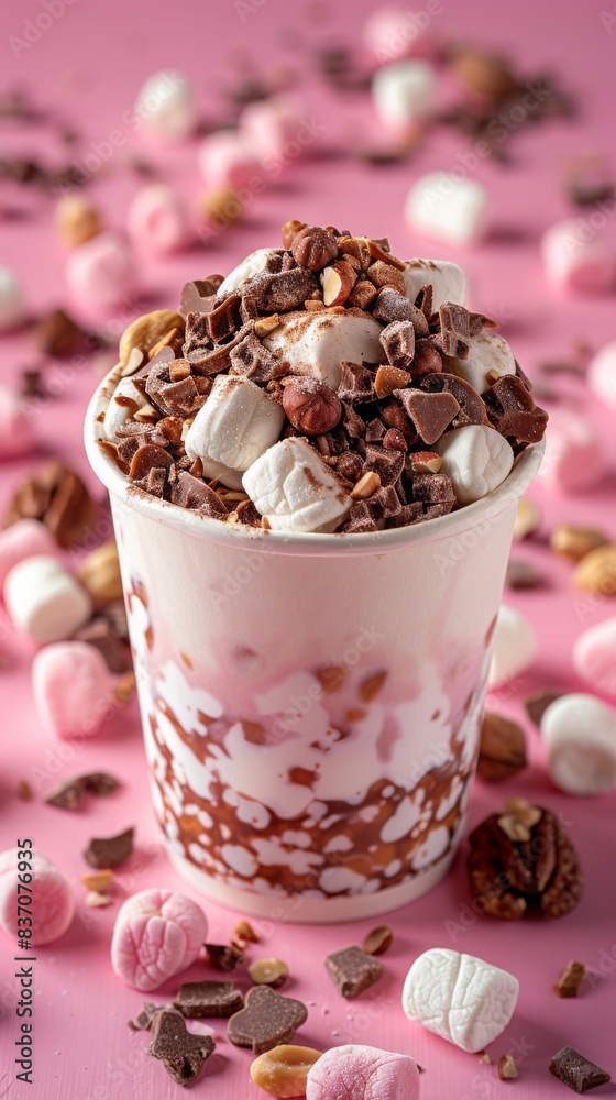 A close-up of a cup of hot chocolate topped with marshmallows, chocolate chips, and nuts, surrounded by scattered marshmallows and chocolate pieces on a pink background. A close-up of a cup of hot chocolate topped with marshmallows, chocolate chips, and nuts, surrounded by scattered marshmallows and chocolate pieces on a pink background.