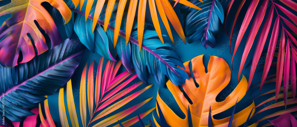 A colorful tropical scene with a variety of green and orange leaves
