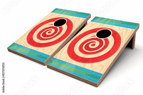 vector illustration style,Cute cornhole set with heartshaped target, cheerful expression, vivid colors captured in high detail, isolated on white background photo