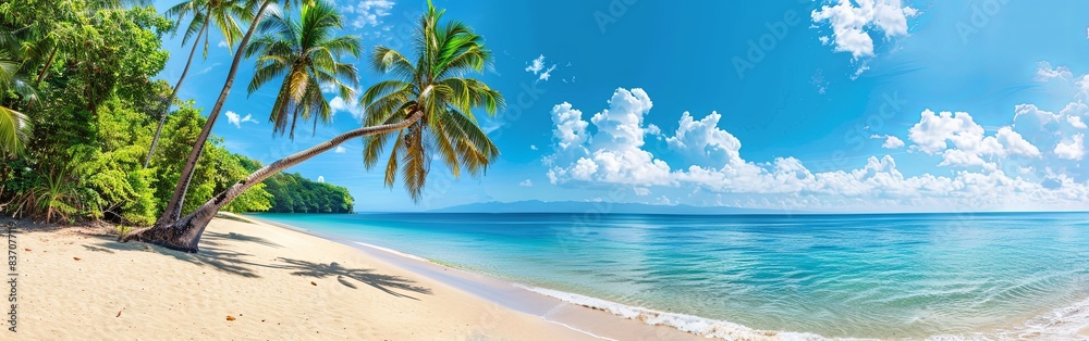 Panoramic Tropical Beach with Palm Trees and Blue Sea Panoramic Tropical Beach with Palm Trees and Blue Sea