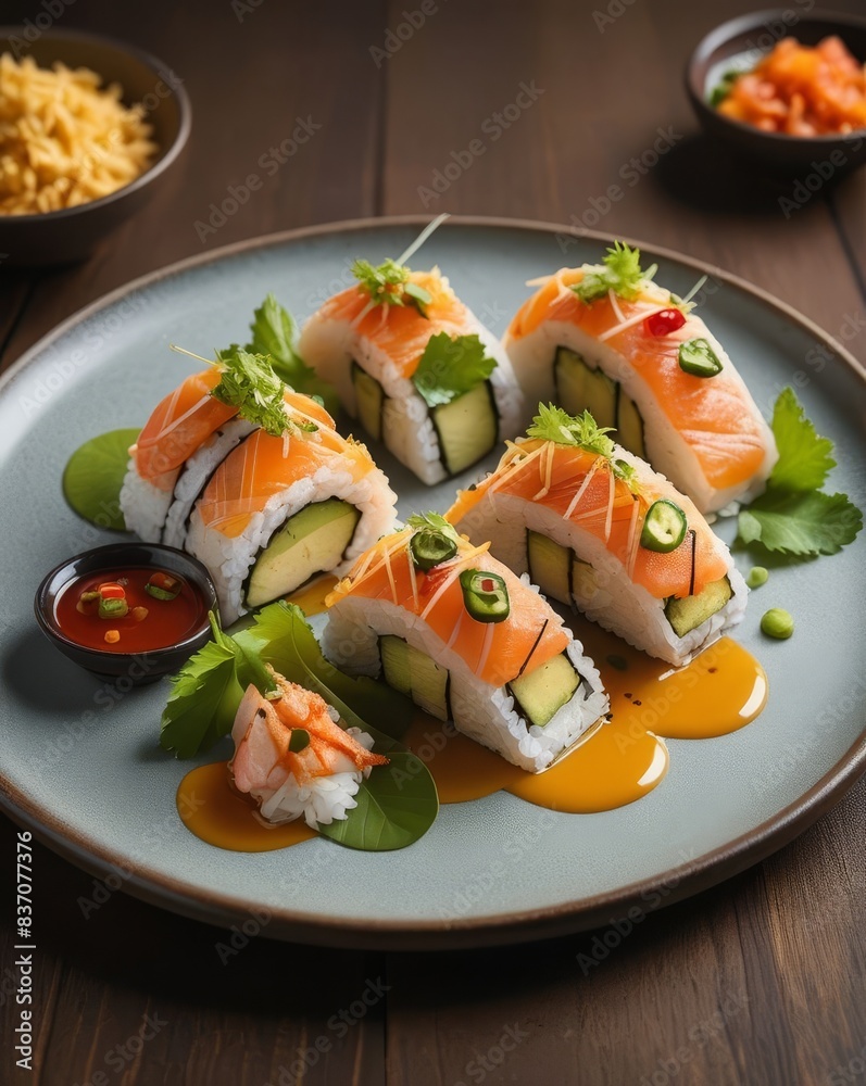 Beautifully Plated Gourmet Sushi Rolls with Fresh Ingredients, Served on a Wooden Platter with Accompaniments, Beautifully Plated Gourmet Sushi Rolls with Fresh Ingredients, Served on a Wooden Platter with Accompaniments,