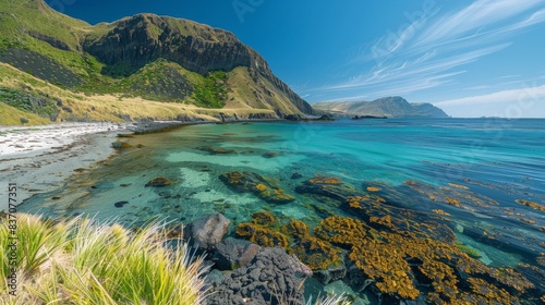 Scenic Macquarie Island in Australia with diverse wildlife, rugged landscapes, and clear blue waters photo