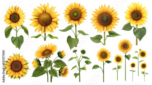 A set of sunflower types, ranging from dwarf to giant varieties, showcasing their sunny and uplifting faces, isolated on a transparent background.