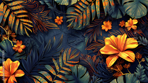 Beautiful digital motif with tropical elements and boho style © wasan