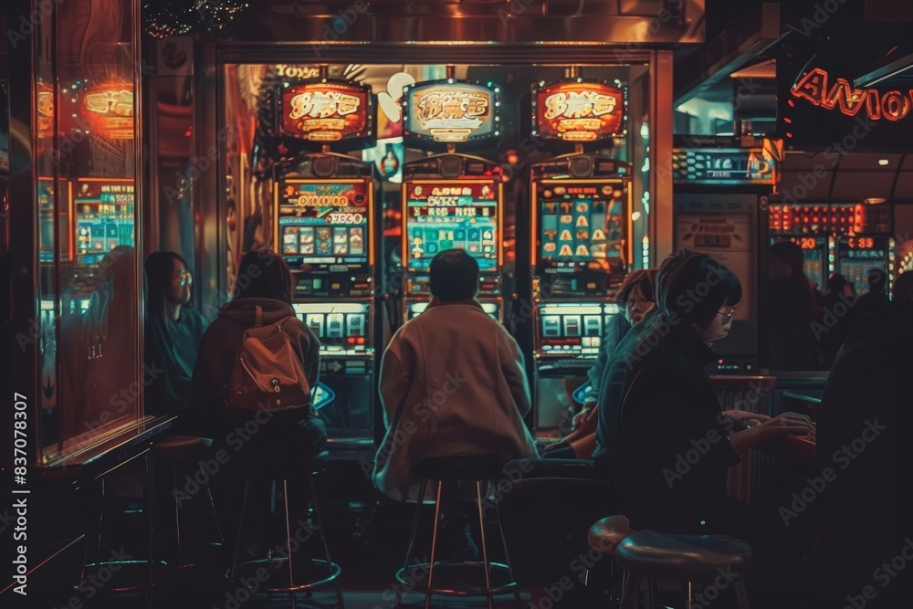 Group of people playing the slot machines Group of people playing the slot machines