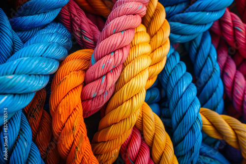 A pile of colorful tangled ropes close-up