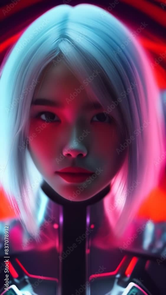 Chica cyberpunk con rasgos asiáticos y pelo blanco, de expresión decidida, agresiva, soldado del futuro, scifi y neones rosas