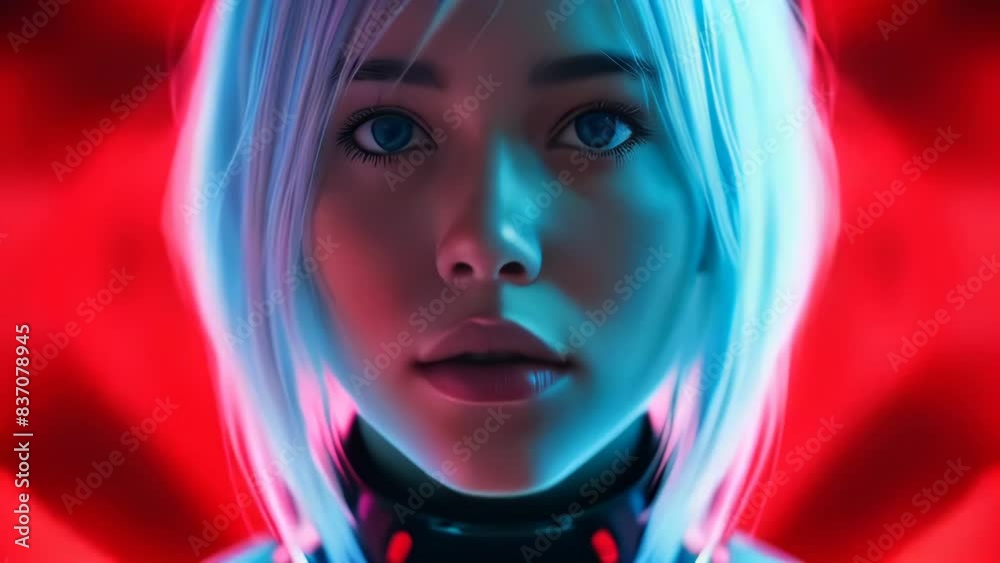 Mirada de chica transhumanista de ciencia ficción observando, neones rosas y pelo blanco, inteligencia artificial