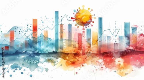 Abstract watercolor background with graphs and bar charts