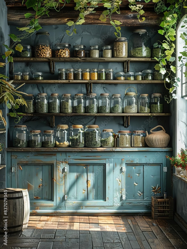 Obraz premium Rustic kitchen interior with wooden shelves holding glass jars of spices and herbs, bathed in natural light and surrounded by greenery.