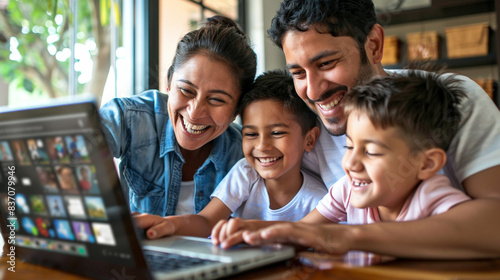 Happy parents and kids enjoying online entertainment with laptop, using Internet technology, application, communication, looking at computer screen together, laughing