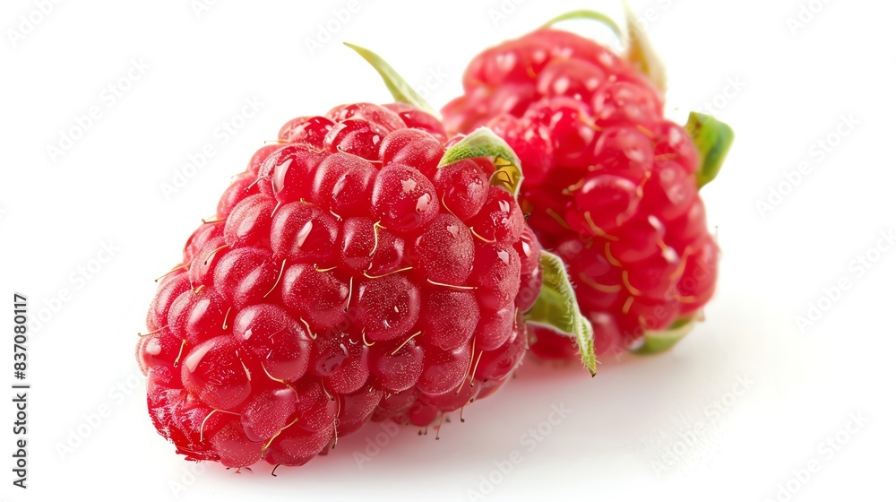 Closeup of a fresh raspberry with its delicate texture and vibrant red color, isolated on a white background Closeup of a fresh raspberry with its delicate texture and vibrant red color, isolated on a white background