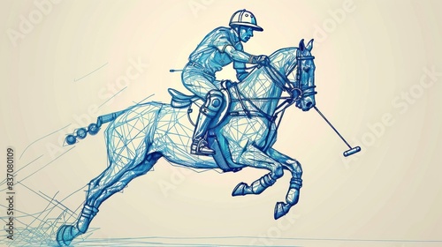 Vector illustration of a polo horse riding player in action  depicted with a single continuous line drawing.