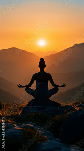 A woman is sitting on a rock in the mountains, meditating