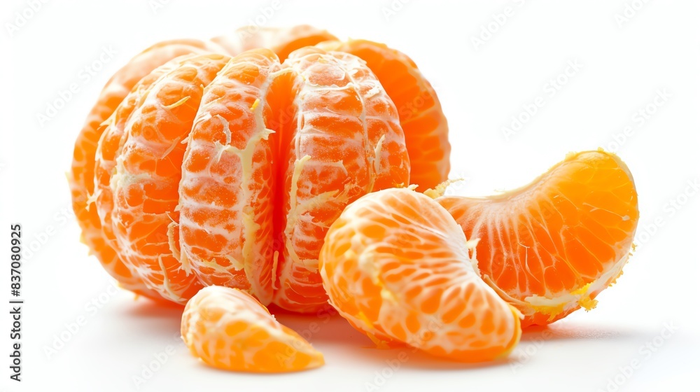 Highresolution image of a peeled mandarin orange with segments visible, isolated on a white background Highresolution image of a peeled mandarin orange with segments visible, isolated on a white background