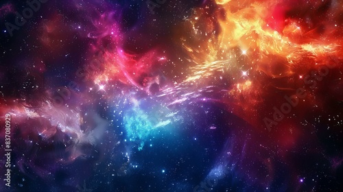 A stunning cosmic nebula with vibrant hues of red  orange  and blue  showcasing the majestic beauty of the universe with its swirling gases and twinkling stars