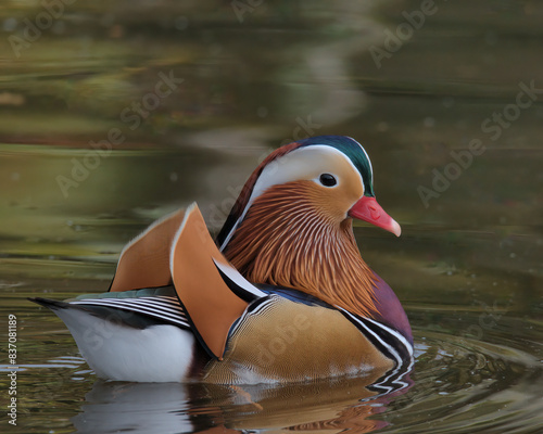 Drake Mandarin duck swimming on a pond.