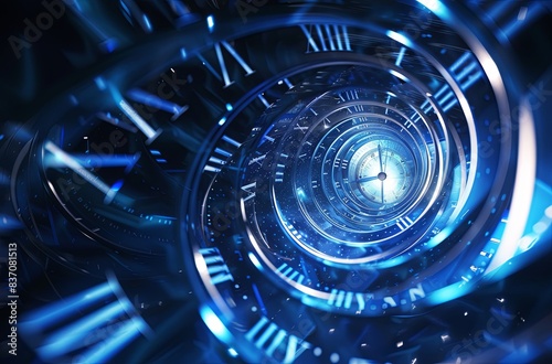 A blue time spiral clock background with numbers flying in the air, 3D rendering in the style of blue tones, perspective view, Time goes by and the years come and go