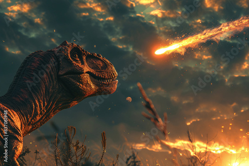 A dinosaur looking up at the asteroid in the sky that killed all the dinosaurs on earth