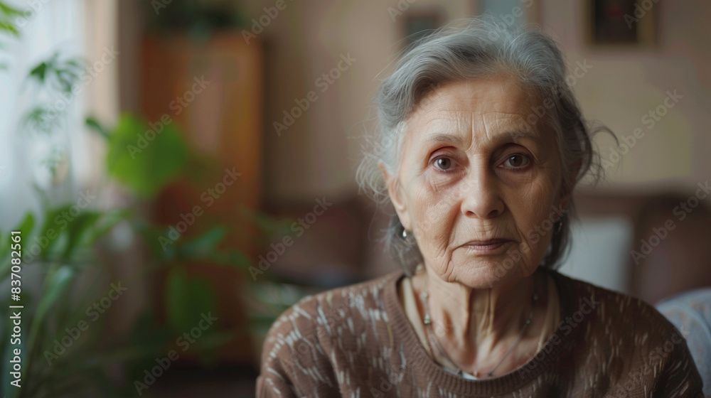 Φωτογραφία Indoor head shot portrait of serious old mature woman in casual looking at camera, posing at home, promoting retirement, elderly healthcare
