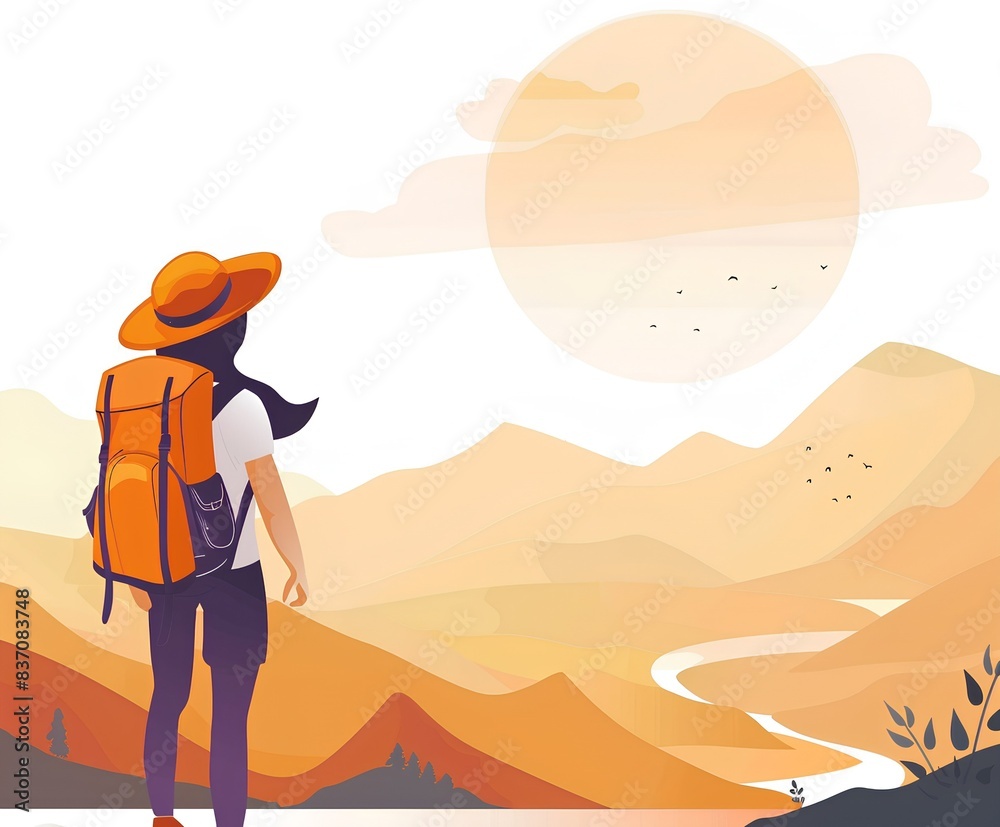 Fototapeta premium A woman wearing an orange backpack and hat stands on the mountain, looking at distant mountains with rivers flowing through them, in the style of flat design. 