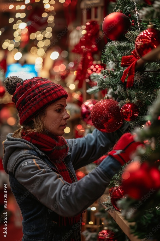 Woman Decorating Christmas Tree with Red Ornaments in Festive Holiday Setting with Warm Lights and Cozy Atmosphere Woman Decorating Christmas Tree with Red Ornaments in Festive Holiday Setting with Warm Lights and Cozy Atmosphere