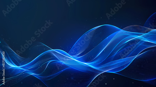 Flowing blue and white abstract waves with dotted details set against a dark backdrop. Abstract representation of energy and motion.