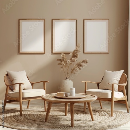 The minimalist interior of a living room, showcasing blank frames as an abstract and neutral background perfect for best-seller home decor presentations