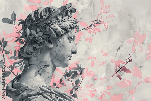 Mixed media ancient time photo collage of architecture, , floral banner of statue woman , historical illustration of person with grey and pink leaves, modern photo collage with statue , retro, AI