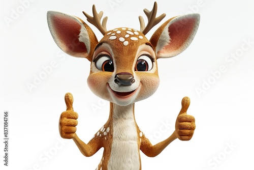 3D bell Deer mascot, smiling, showing thumb's up, with two legs, isolated on white photo