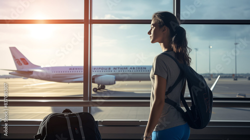 Jeune femme avec un sac à dos prête à voyager, dans les couloirs d'un aéroport attendant son avion, son vol devant la porte d'embarquement. Voyageur, transport, vacances, passager.
