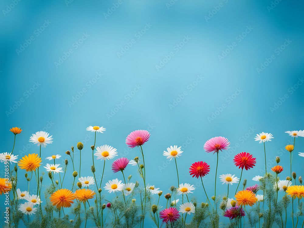 Beautiful garden flowers on blue background, for wedding, birthday card wallpaper decoration and space for write text. Beautiful garden flowers on blue background, for wedding, birthday card wallpaper decoration and space for write text.