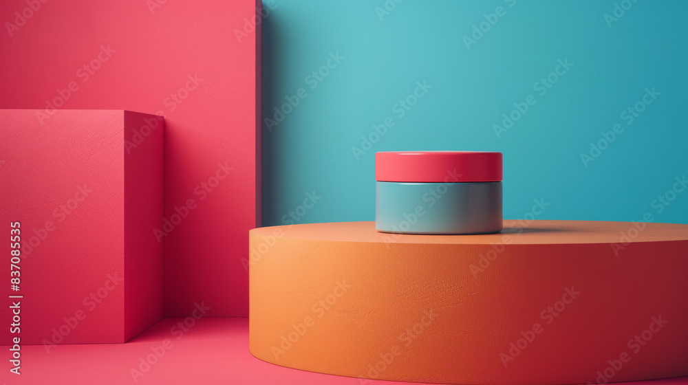 A small container of makeup sits on a round pedestal in front of a pink A small container of makeup sits on a round pedestal in front of a pink