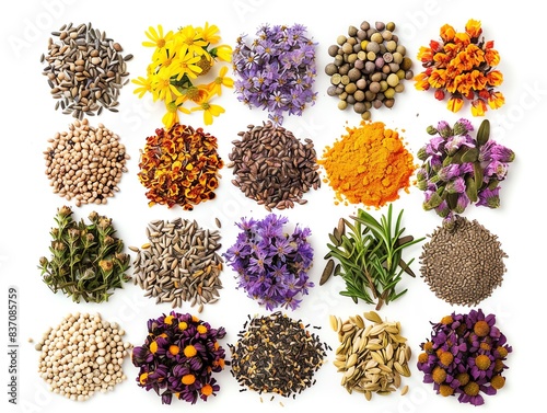 A diverse selection of British wildflower seeds is neatly displayed against a white background, highlighting their natural beauty and variety, high resolution DSLR