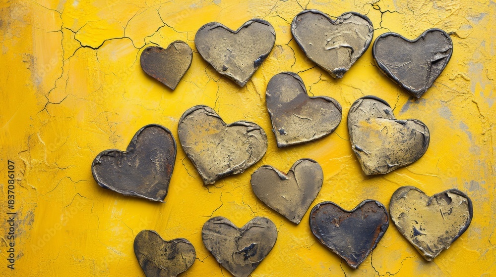Obraz premium many old broken hearts symbol of love on yellow plaster background --ar 16:9 --quality 0.5 Job ID: d2cd84b1-1298-40d4-a5ec-7bbb6a218dd8
