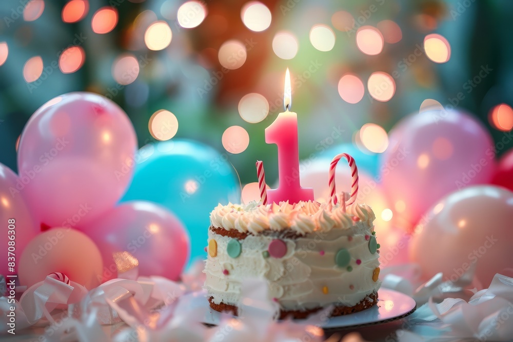 Number 1 candle on festive cake with balloons and party decor for birthday celebration Number 1 candle on festive cake with balloons and party decor for birthday celebration