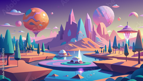 Vibrant Alien Landscape with Futuristic Structures and Moons