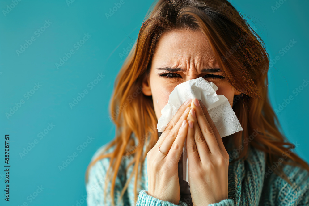 Portrait of woman blowing nose in napkin, treatment of illness, cold and flu Portrait of woman blowing nose in napkin, treatment of illness, cold and flu