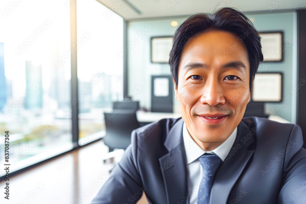 Selfie of asian smiling businessman indoor Selfie of asian smiling businessman indoor