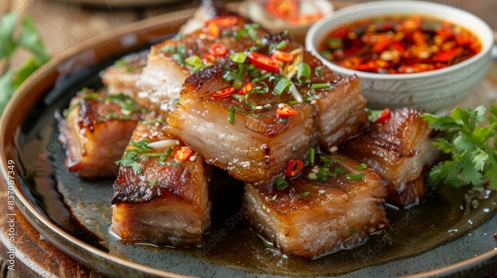 Appetizing pork belly fried to golden perfection in fish sauce, served with a rich dipping sauce, capturing the essence of delicious Asian cuisine Appetizing pork belly fried to golden perfection in fish sauce, served with a rich dipping sauce, capturing the essence of delicious Asian cuisine