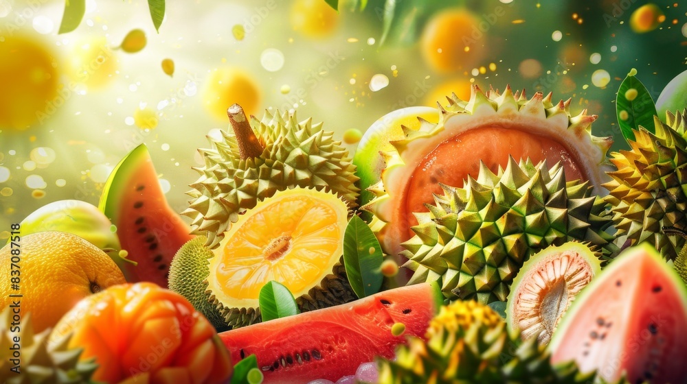 Delicious mixed Thai fruits background with durian, mangosteen, jackfruit, watermelon, and orange, showcasing the vibrant colors and textures of tropical fruits Delicious mixed Thai fruits background with durian, mangosteen, jackfruit, watermelon, and orange, showcasing the vibrant colors and textures of tropical fruits