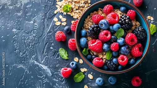 A bowl of mixed berries and oats, high fiber breakfast theme, top view, vibrant and healthy, advanced tone, vivid colors