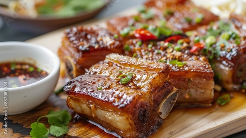Crispy pork belly fried in fish sauce, served with a side of savory dipping sauce, perfect for culinary and Asian cuisine-themed visuals