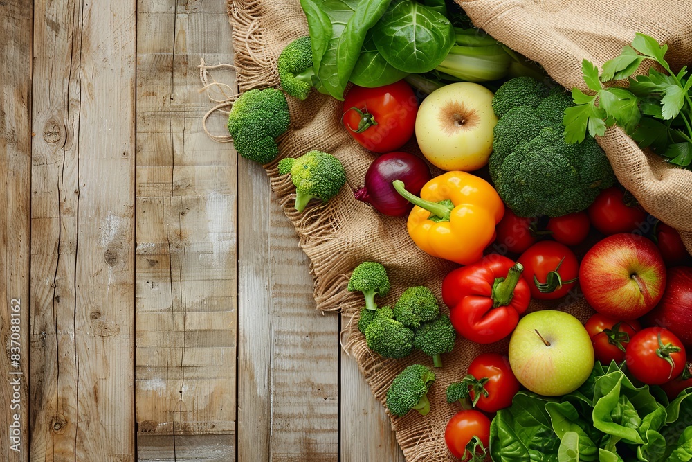 Assortment of fresh fruits and vegetables on wooden background Healthy eating concept Assortment of fresh fruits and vegetables on wooden background Healthy eating concept